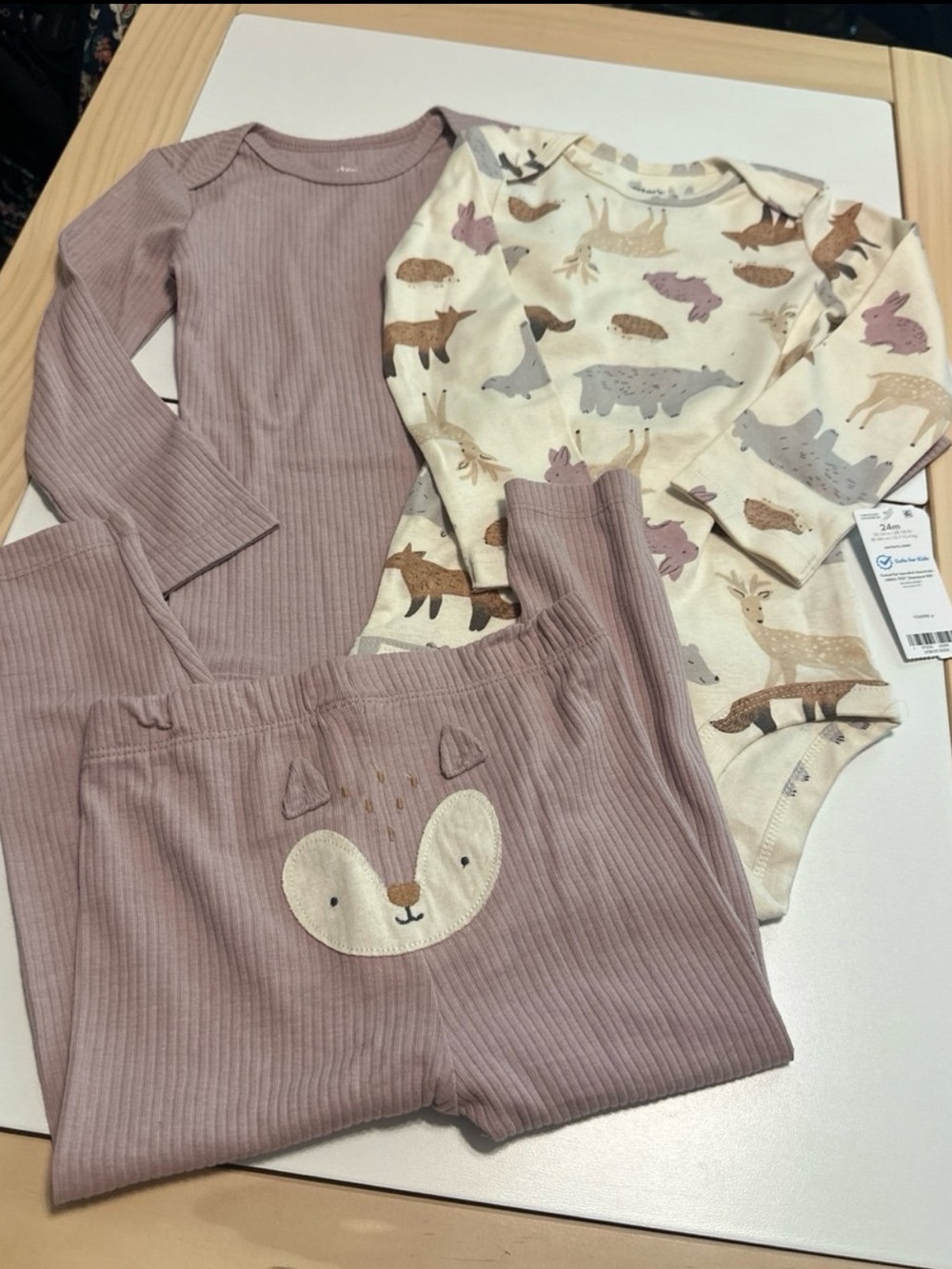 Carter’s 3 Piece Set Long Sleeve Woodland Animal Onesies and Pants 24m